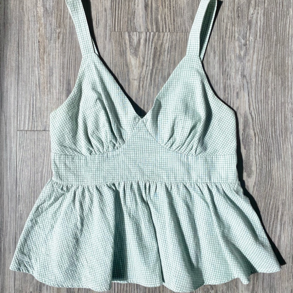 Boutique Mint Green Gingham Peplum Blouse